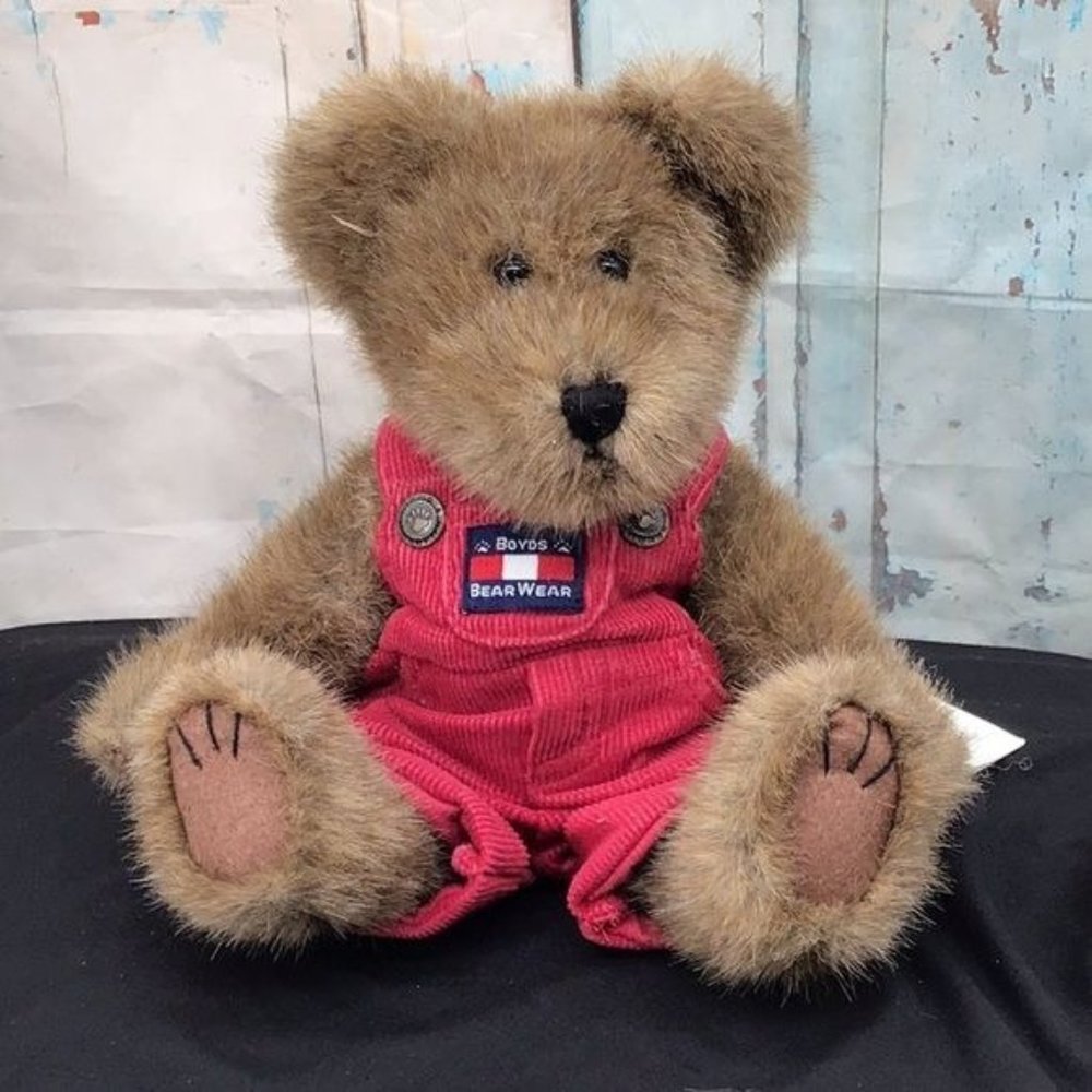 Boyds Bear Bearware "Klye L Berriman" Red Corduroy Overalls 11" Brown Bear Style